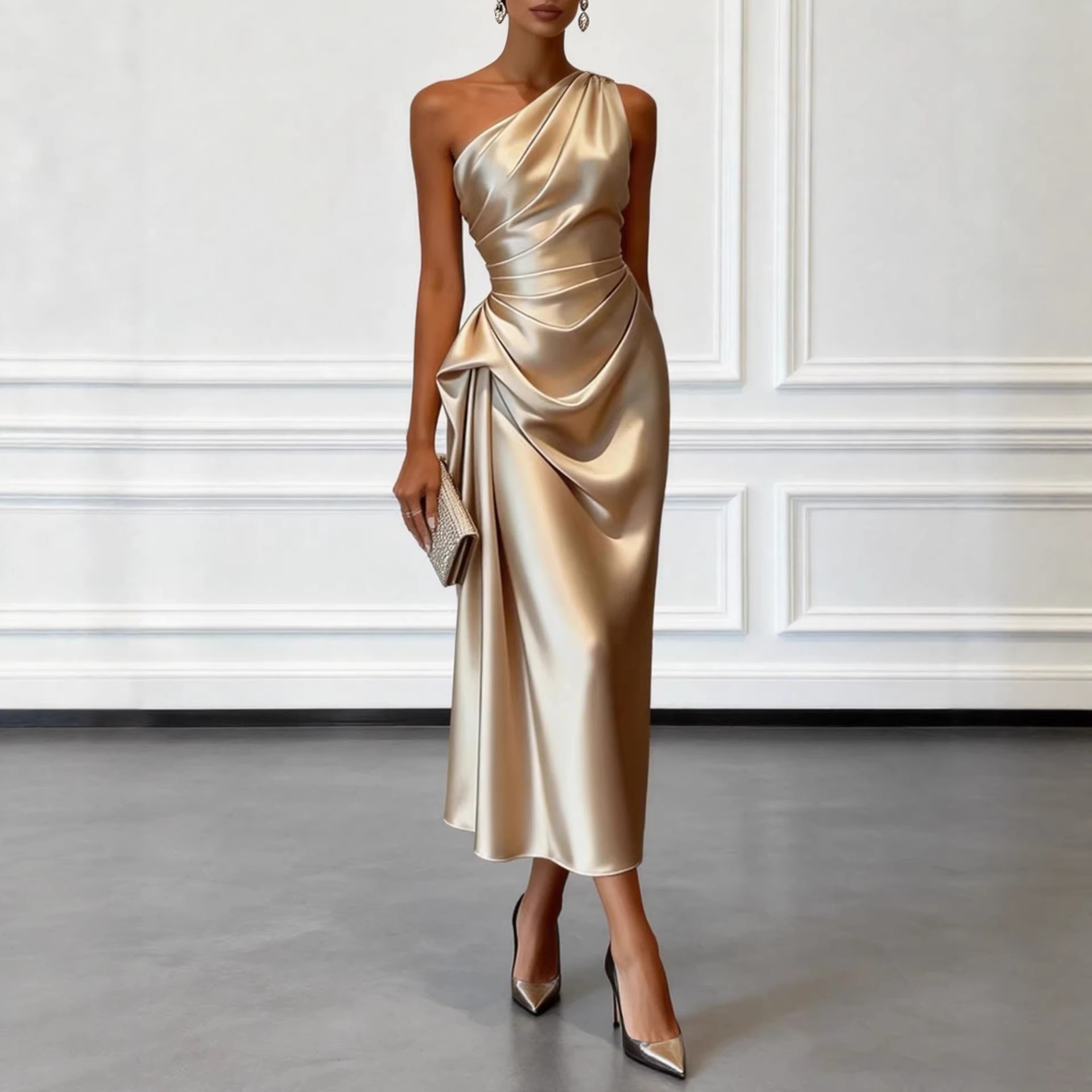 Satin Ruched Waist Sleeveless Evening Dress