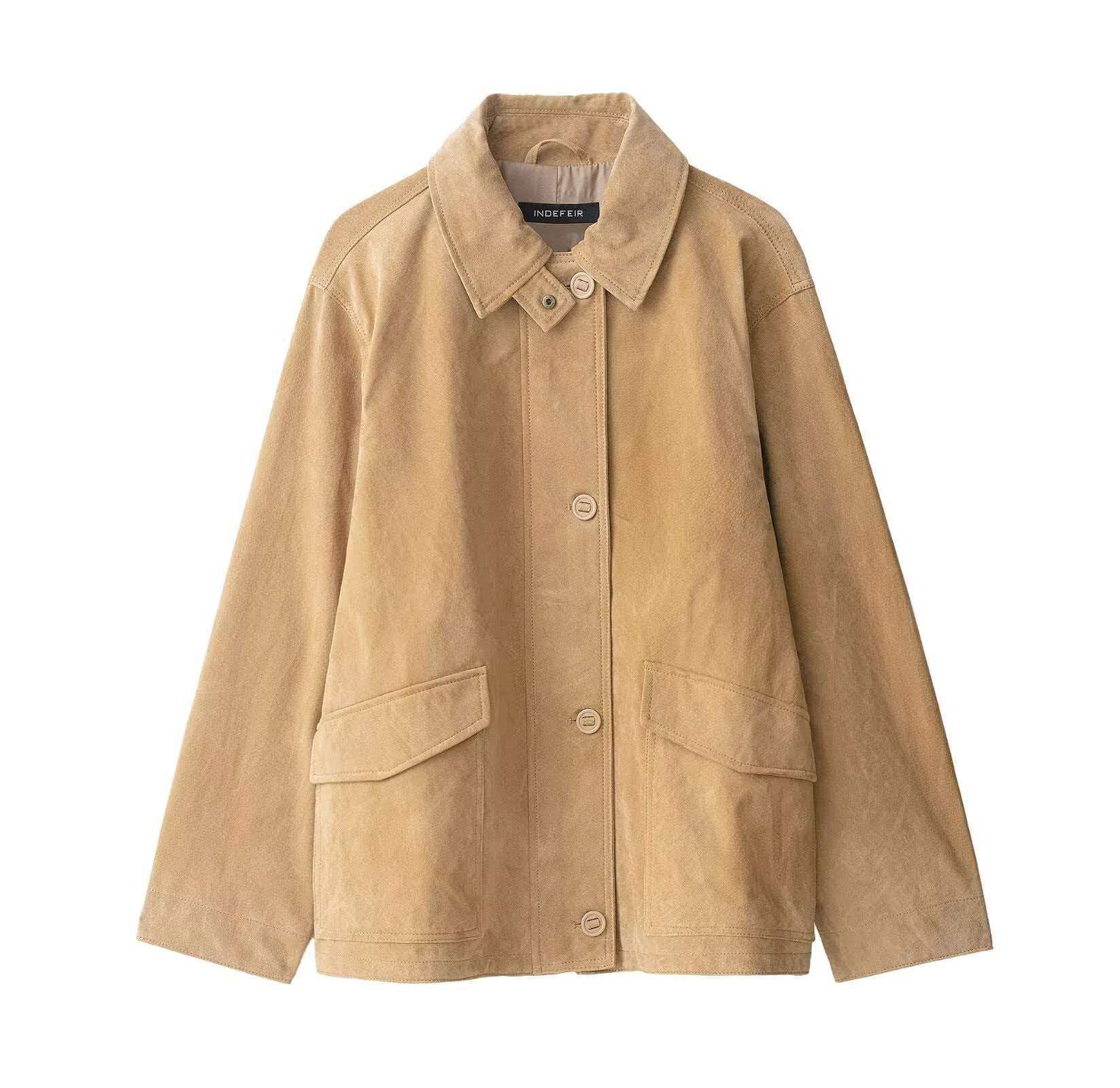 Women's Retro Faux Suede Casual Jacket Loose Fit Khaki