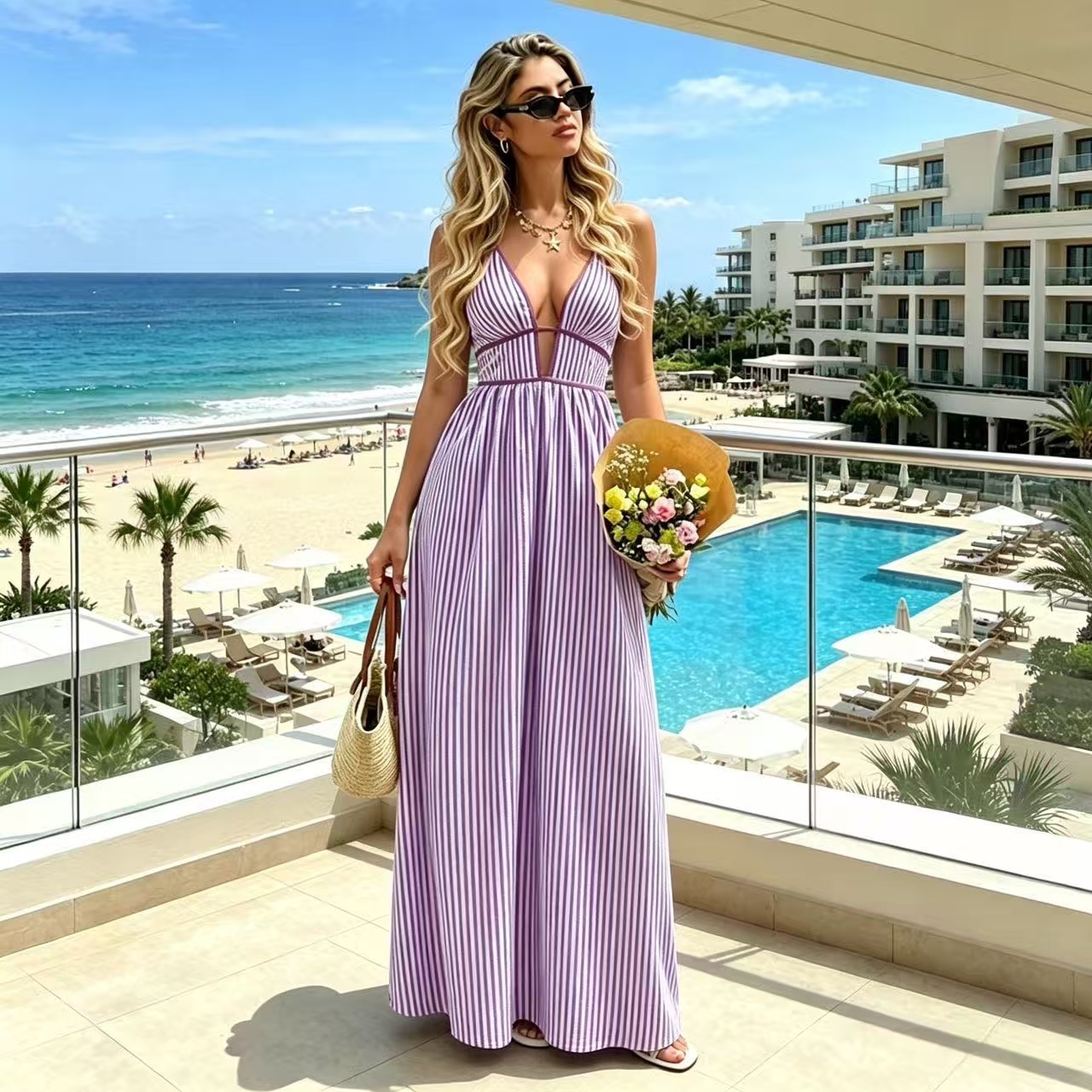 Women's Deep V-Neck Striped Sleeveless Maxi Dress