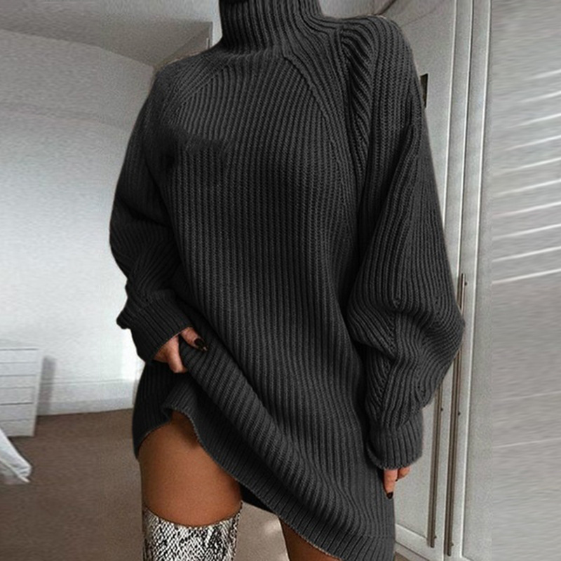Women's Solid Knit Sweater Dress with Raglan Sleeves and Half Turtleneck, Mid-Length