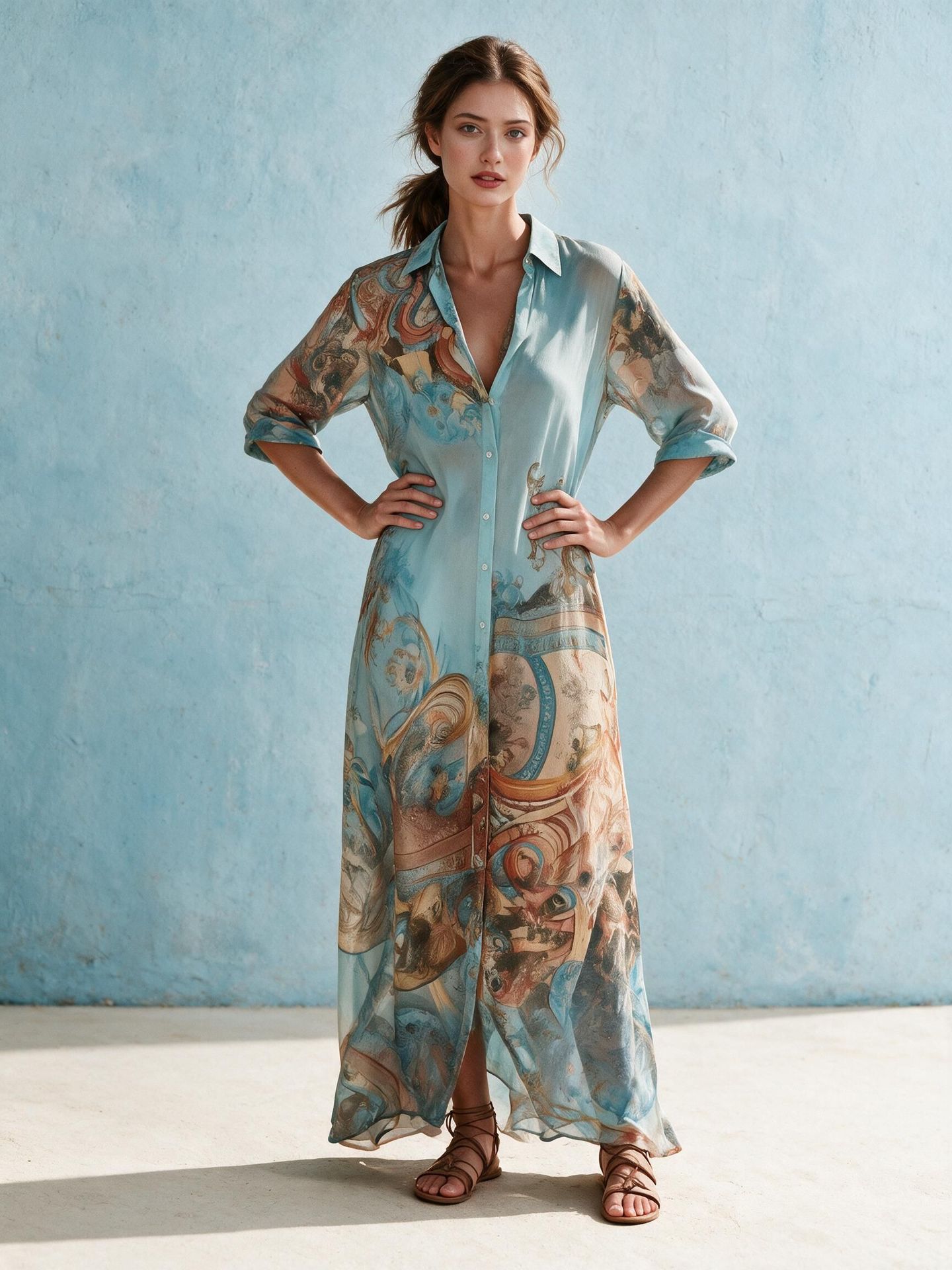 Floral Print Long Dress with Silk-Like Texture, Vacation Style, Elegant A-Line