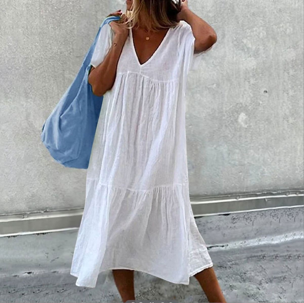 Women's Cotton Linen Short Sleeve Midi Dress Crew Neck