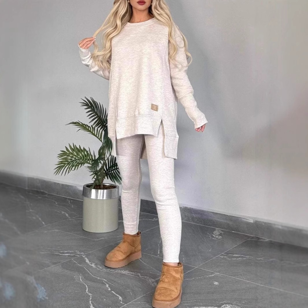 Women's Casual Solid Color German Velvet Long Sleeve Round Neck Slit Top Set