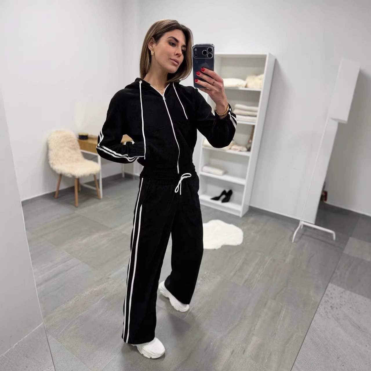Women's Striped Two-Piece Set Long Sleeve Zip Hooded Cardigan and Pants