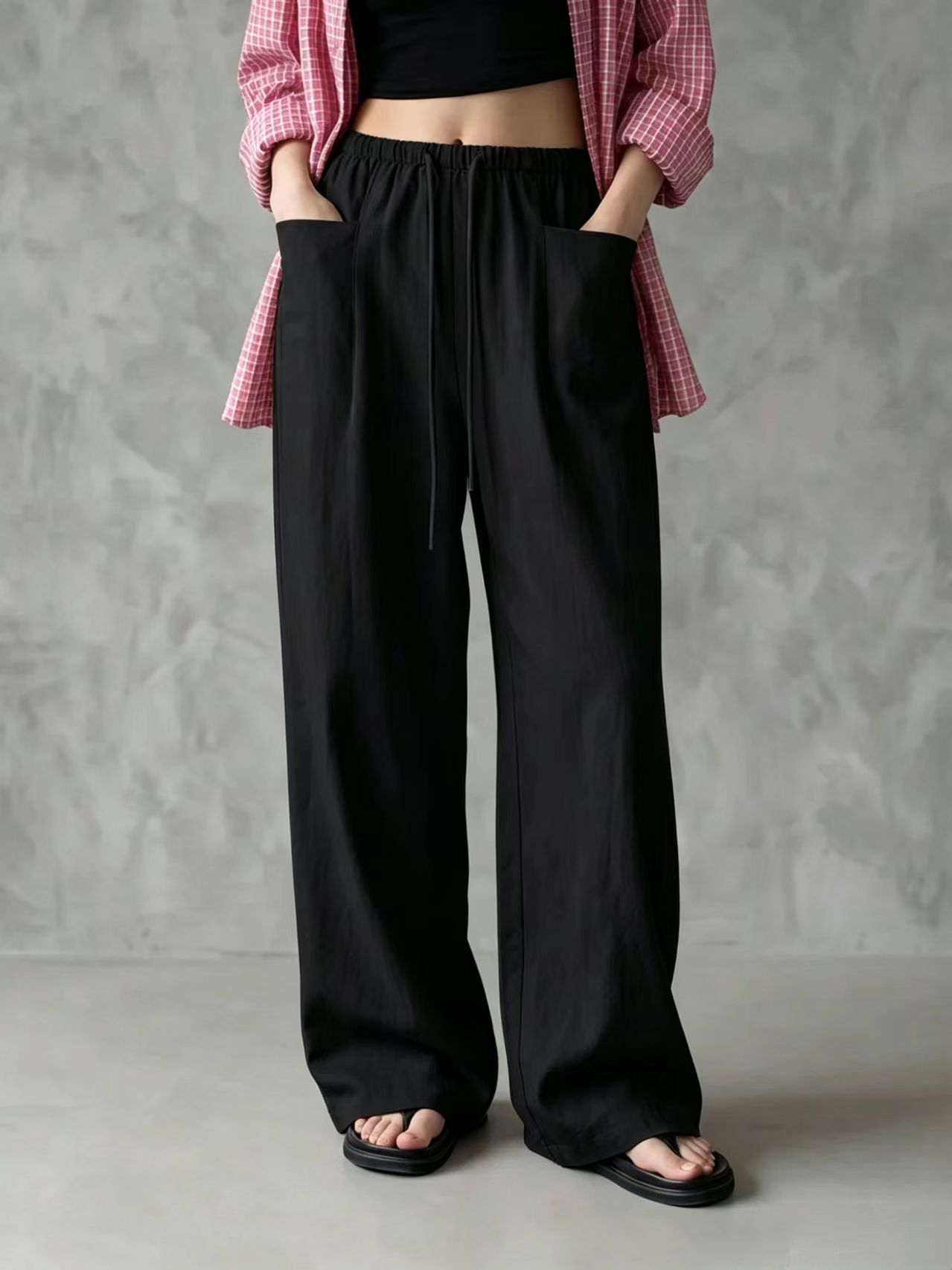 Women's Solid Color Wide-Leg High-Waist Loose Tie Casual Pants