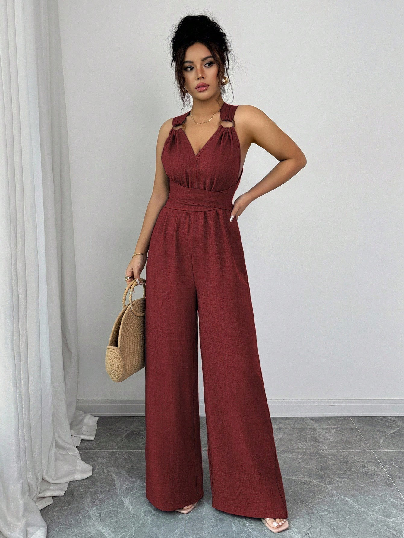 Women's Halter Cross-Back Sleeveless Jumpsuit with Waist-Cinching