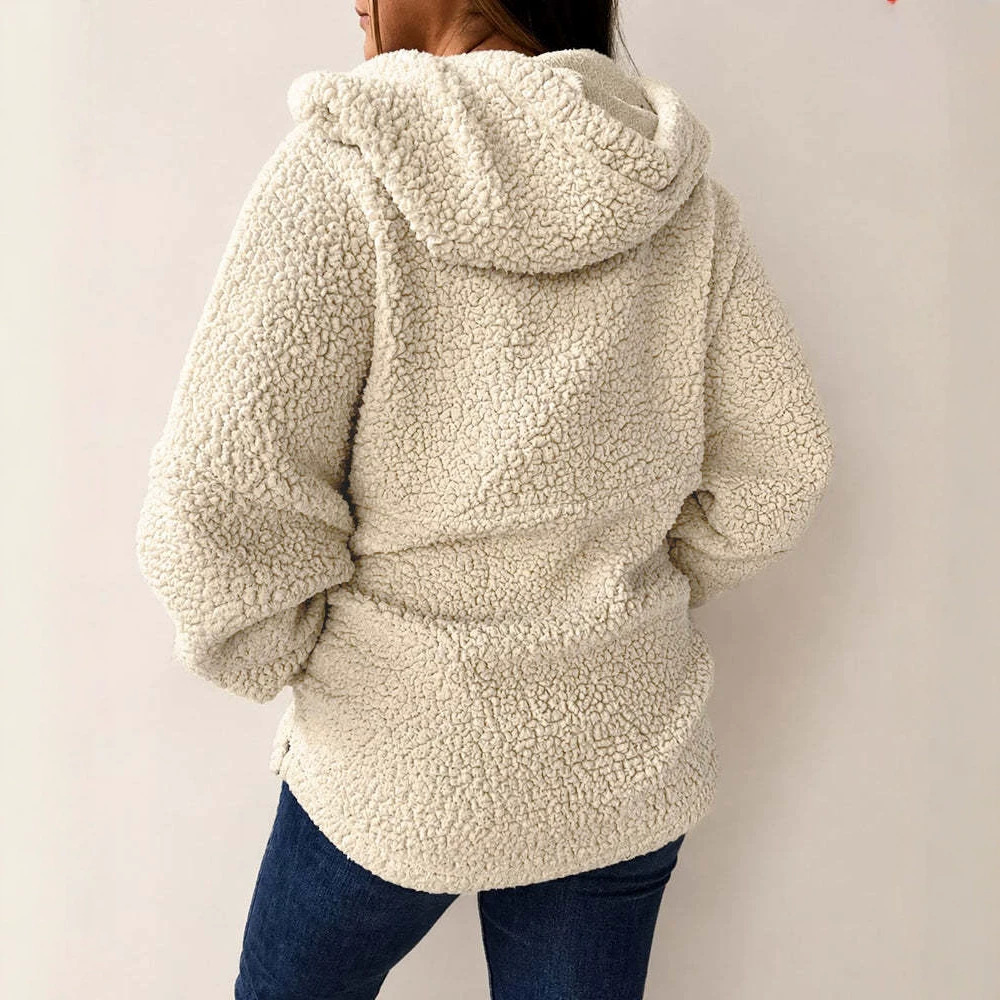 Women's Half-Zip Fleece Hoodie Loose Fit Drawstring Split Hem Pullover