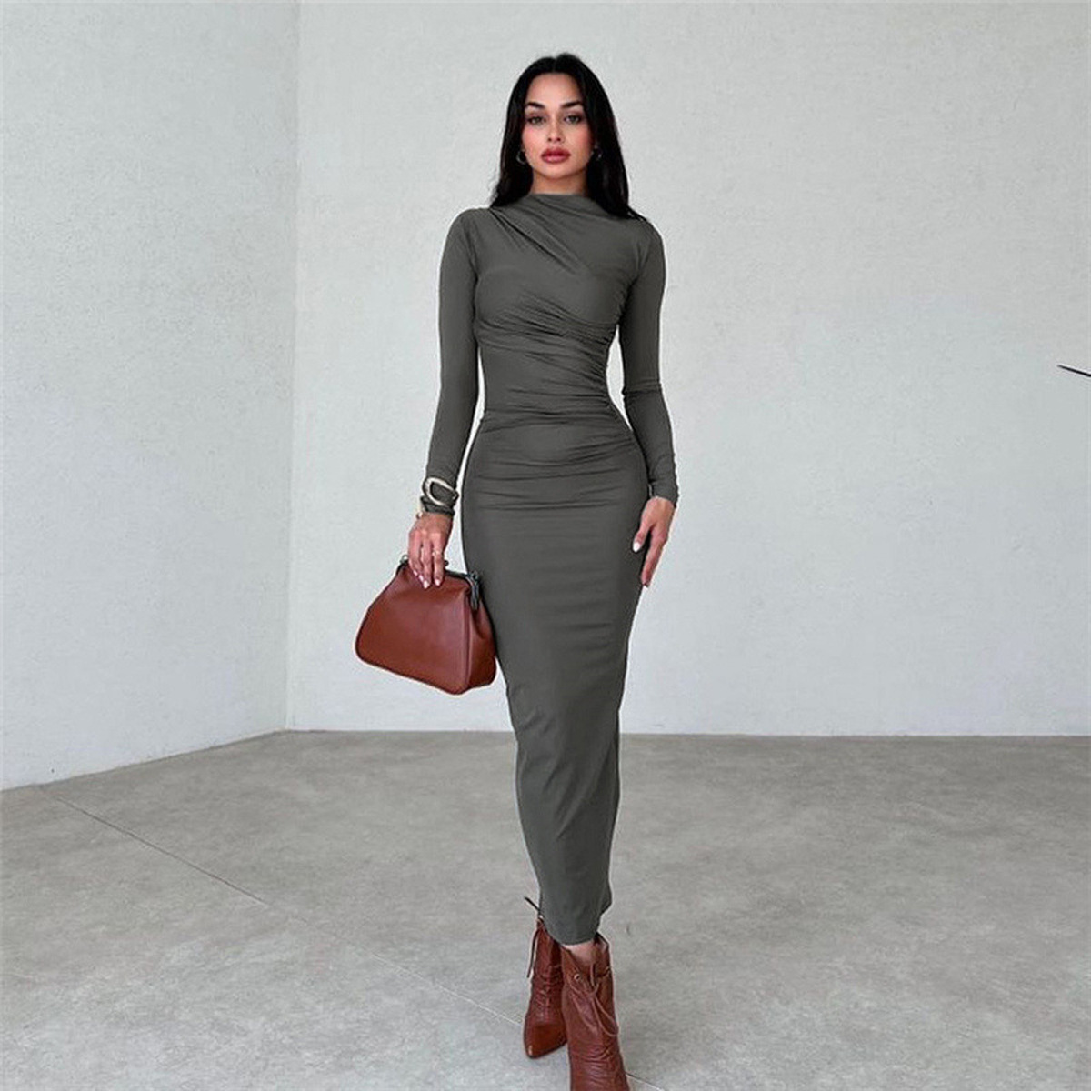 Women's Slim Fit Long Sleeve Bodycon Dress Solid Color High Waist