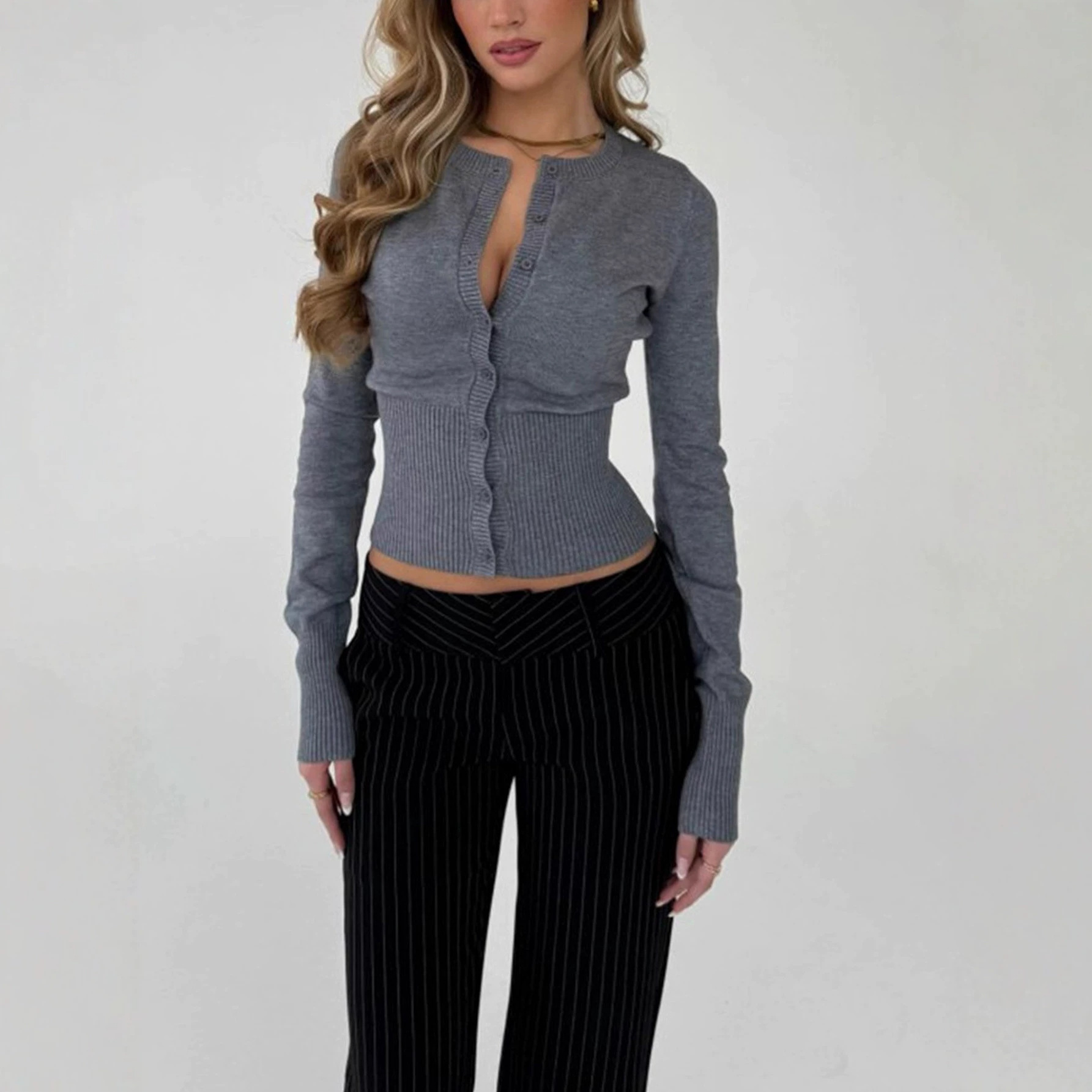 Solid Color Knit Cardigan Button-Front Slim Fit Long Sleeve