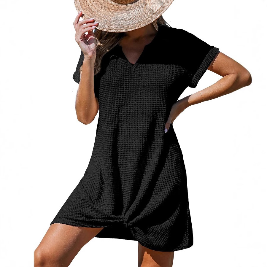 V-Neck Twist Cover-Up Dress Short Sleeve A-Line Beach Dress
