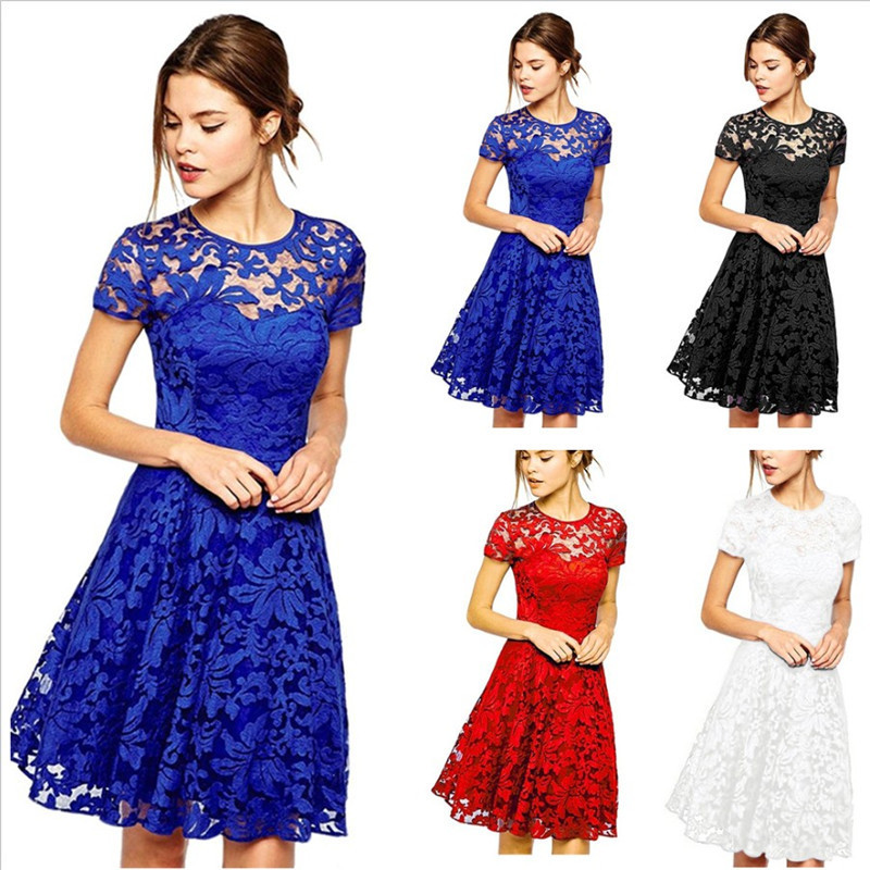 Women's Summer Lace Trim Short Sleeve Round Neck Dress