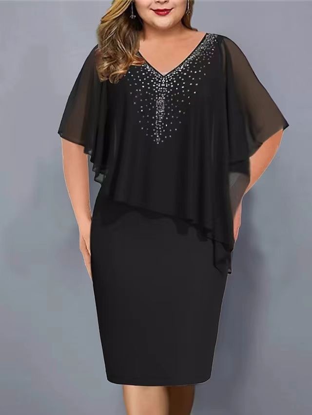 V-Neck Rhinestone Mesh Cape A-Line Midi Dress