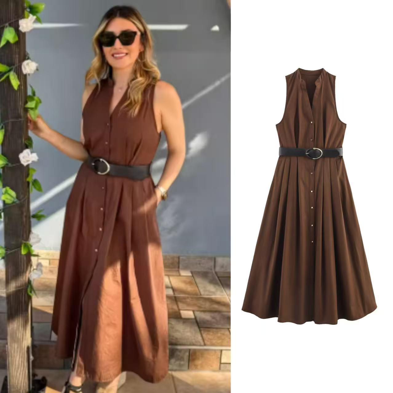 Women's Elegant Belted Midi Dress with Lapel Collar