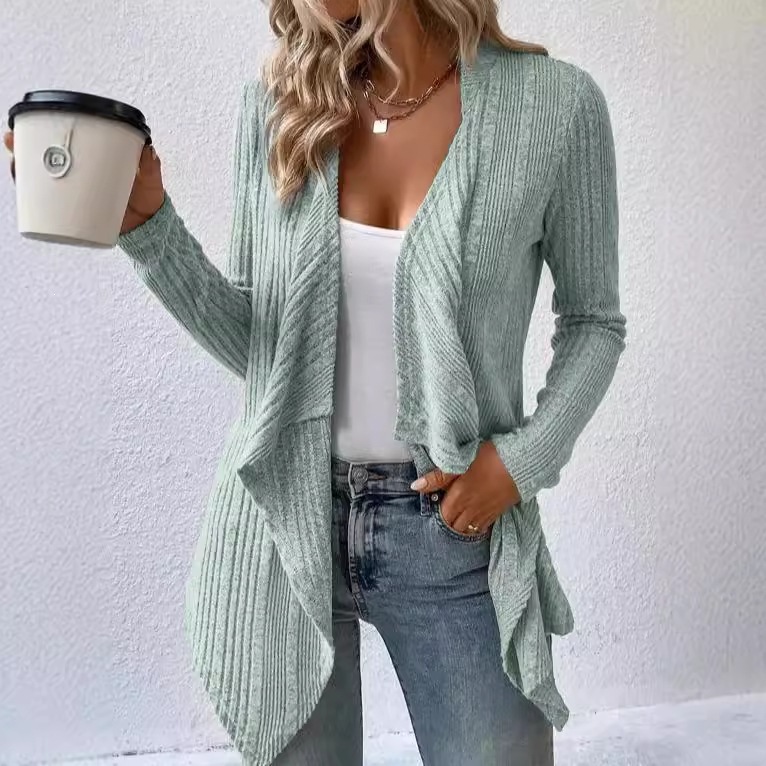 V-Neck Ribbed Knit Cardigan with Asymmetrical Hem