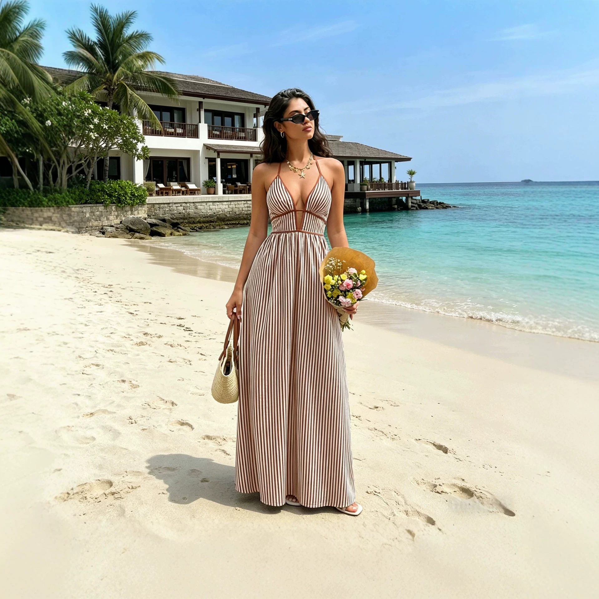 Women's Deep V-Neck Striped Sleeveless Maxi Dress