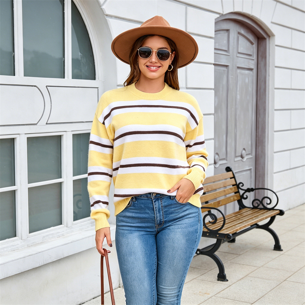 Striped Crewneck Pullover Sweater Long Sleeve Plus Size