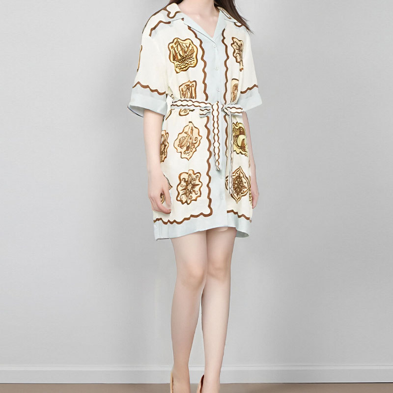Women's Printed Collared Tie-Front Short Dress
