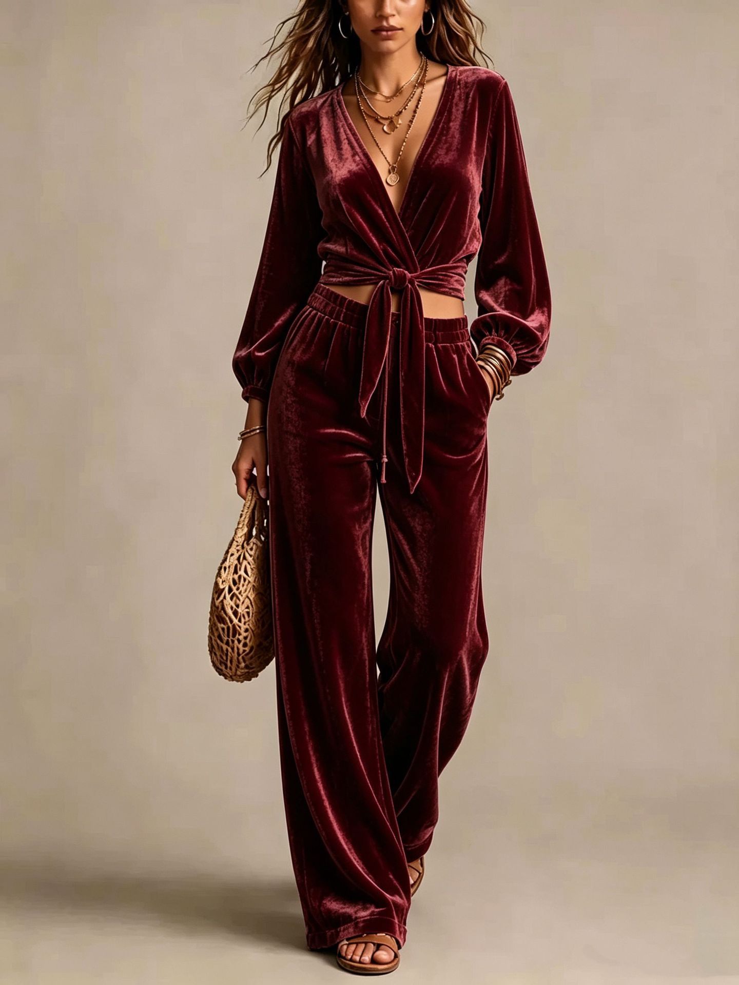 Corduroy V-Neck Cinched Waist Two-Piece Pants Set