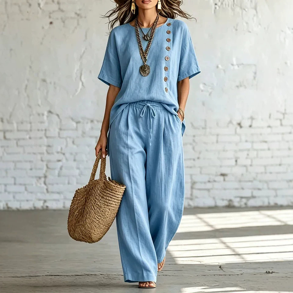 Women's Short Sleeve Side Button Loose Two-Piece Pant Set