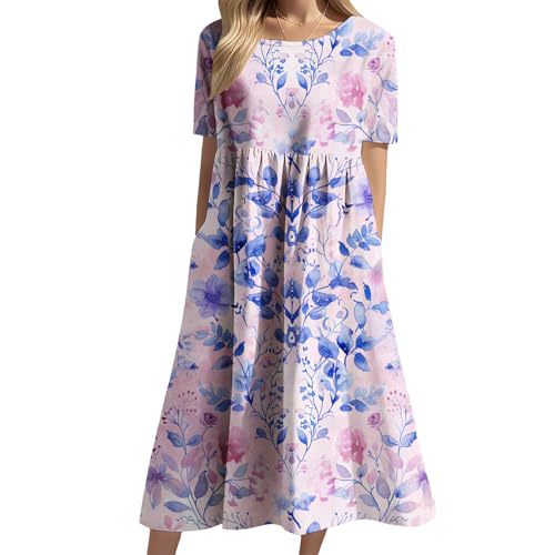 Women's Floral Print Ruched Midi Dress Short Sleeve Crew Neck