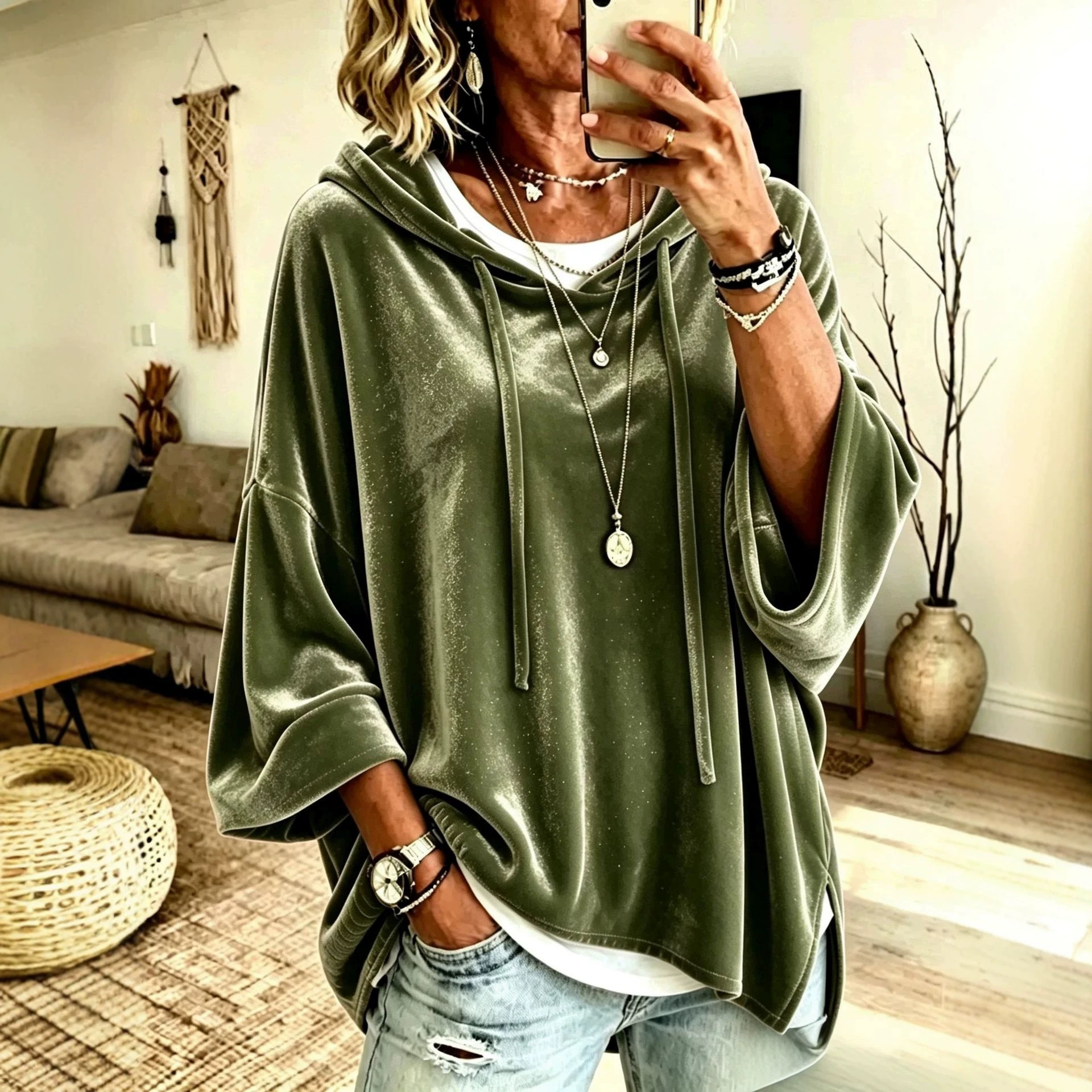 Women's Velvet Hooded Drawstring Sweatshirt Loose Fit