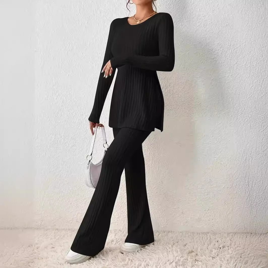 Women's Solid Color Slim Fit Ribbed Knit Lounge Set Long Sleeve Sweater and Pants