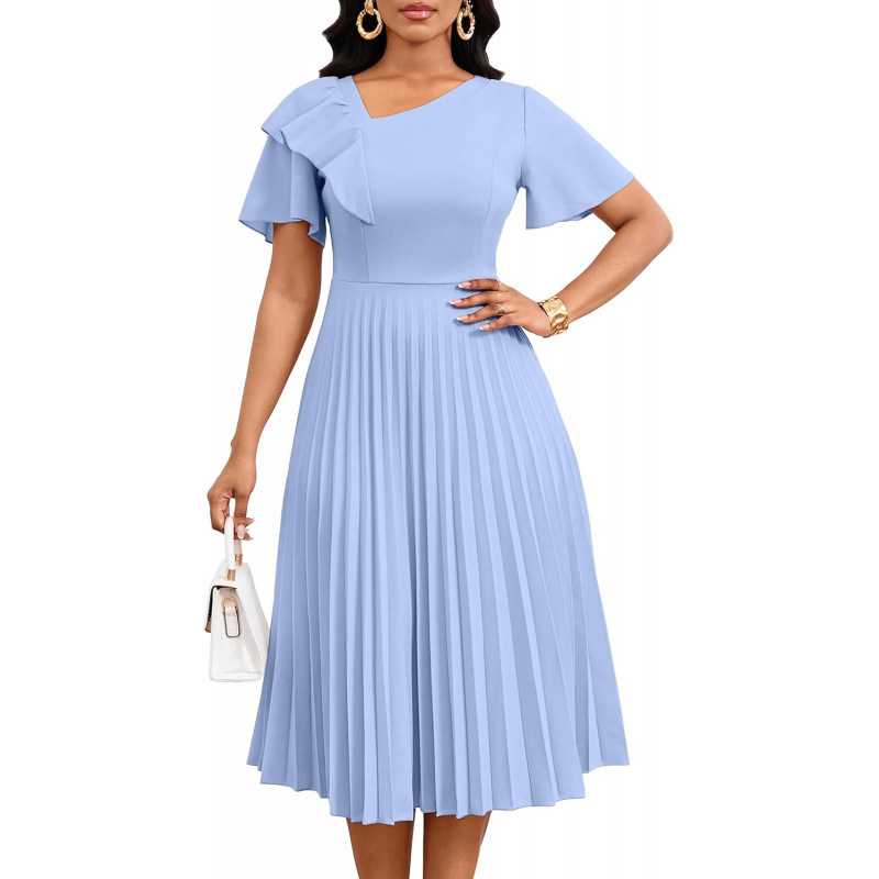Asymmetric Ruffle Short Sleeve A-Line Midi Dress