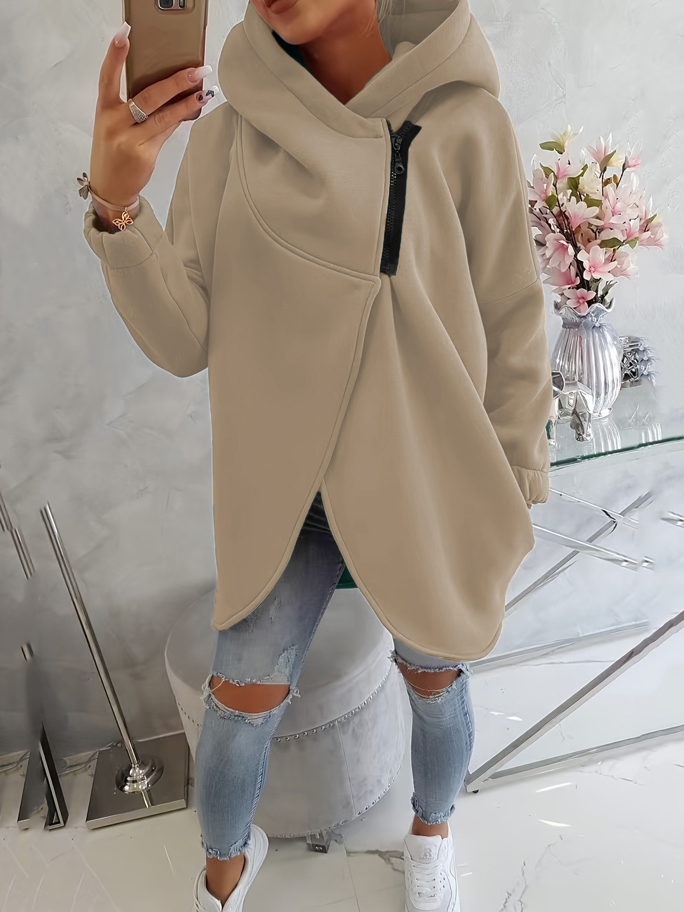 Women's Long-Sleeve Black Hooded Zip-Up Jacket with Front Pockets