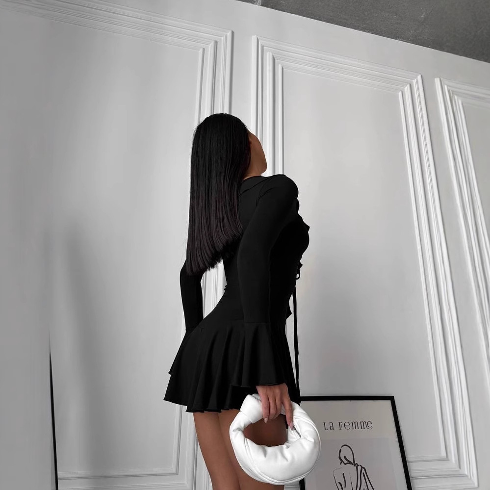 Women's Sexy Slim Fit Ruffle Long Sleeve Tie Dress