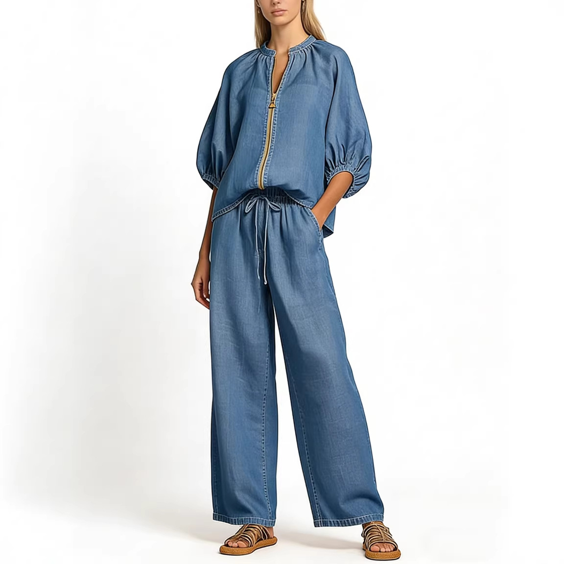 Women's Casual Solid Color Zip-Up Wide-Leg Pants Set