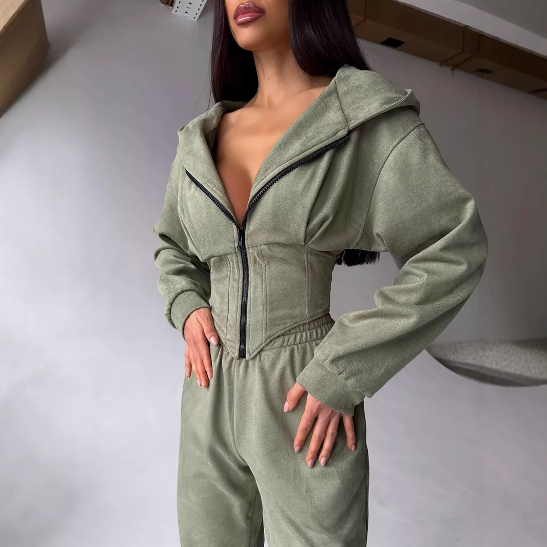 Women's Solid Color Cinched Waist Hoodie and Pants Set Casual Two-Piece