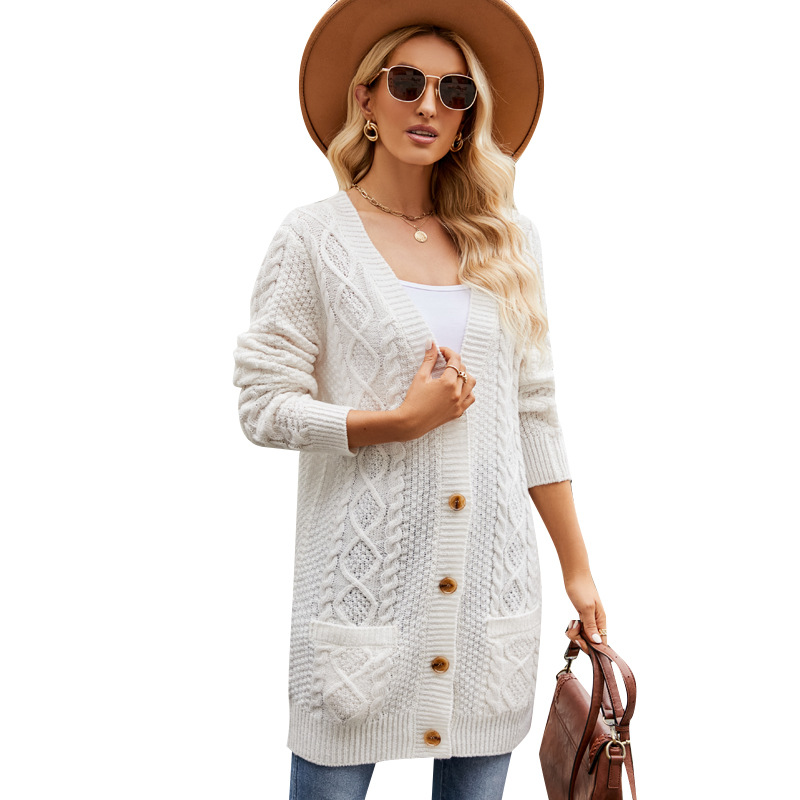 Women's Long Cable-Knit V-Neck Cardigan Sweater Coat