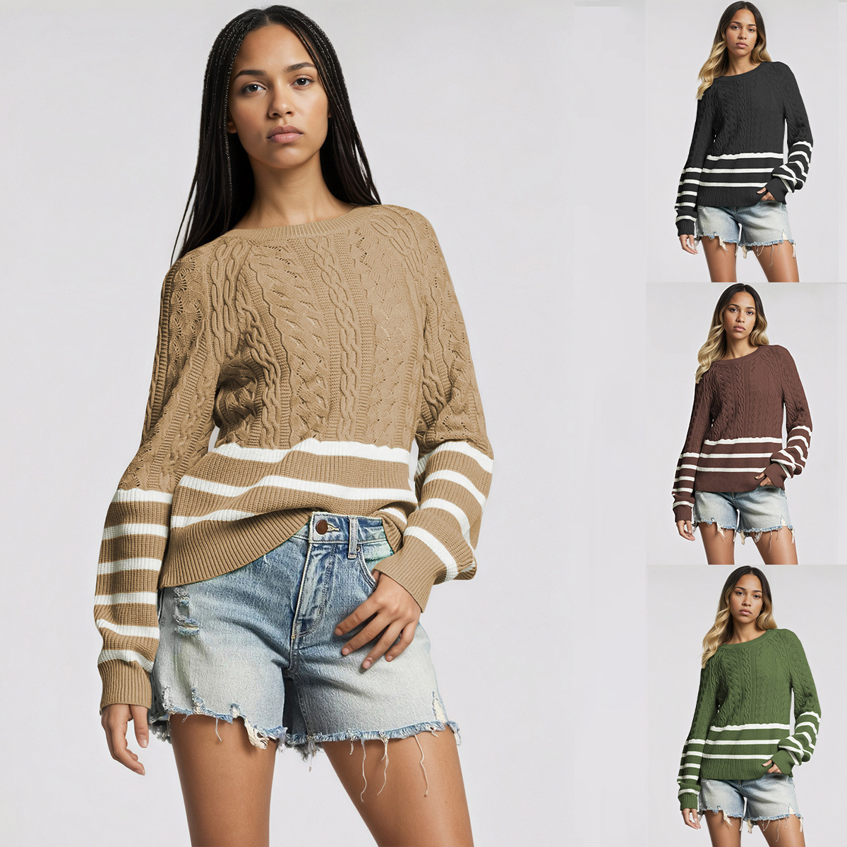 Women's Cable Knit Striped Crewneck Sweater Loose Fit Long Sleeve