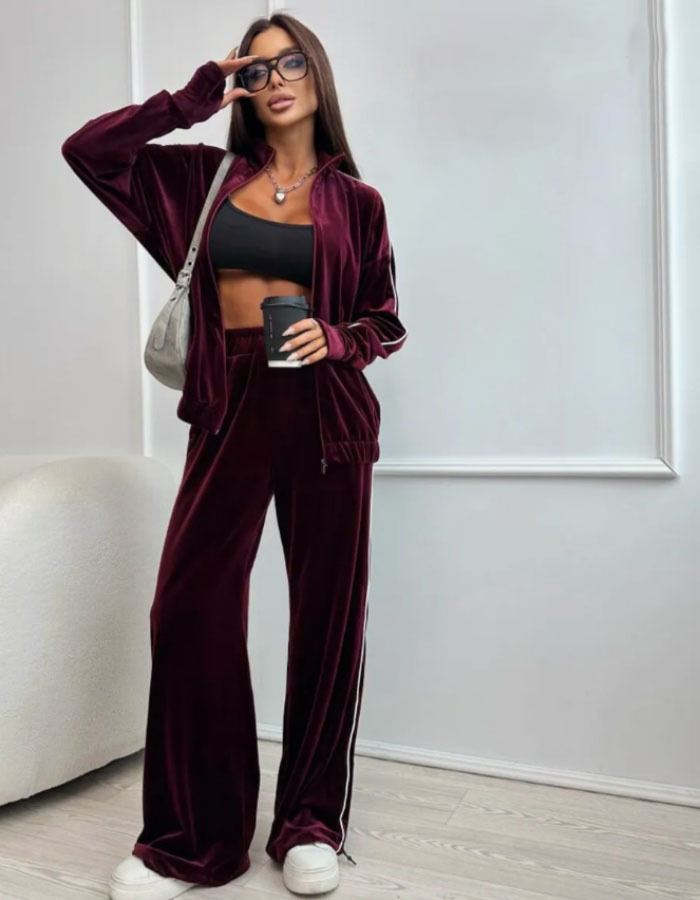 Women's Solid Corduroy Long Sleeve Zip-Up Hoodie and Pants Set