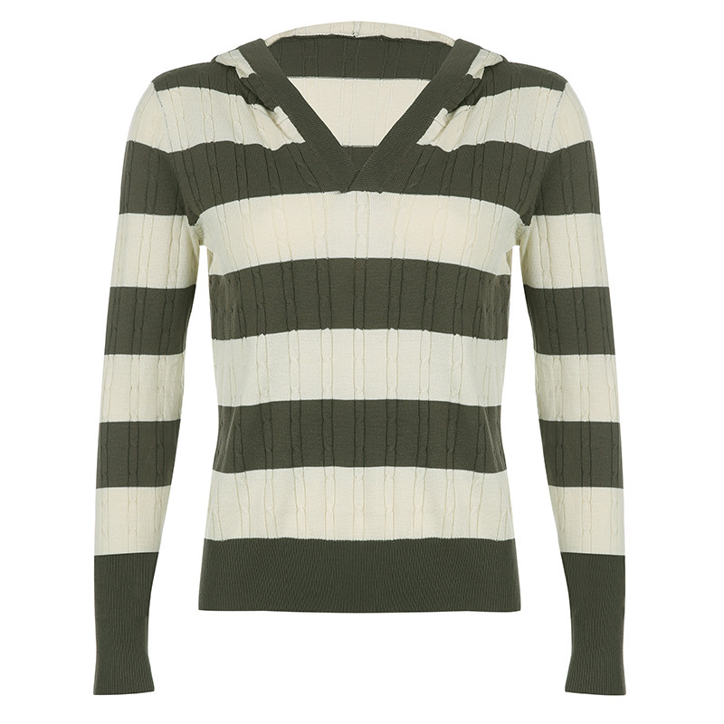 Striped V-Neck Hooded Knit Top