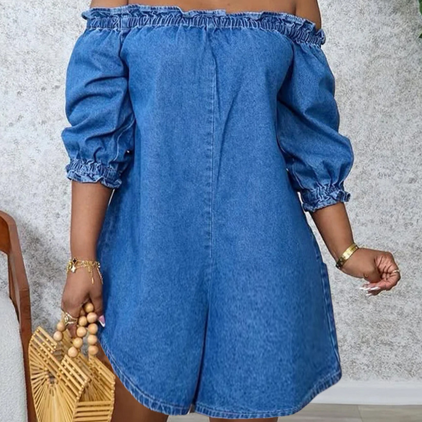 Slim-Fit Elegant Solid Lace-Trim Denim Romper Dress