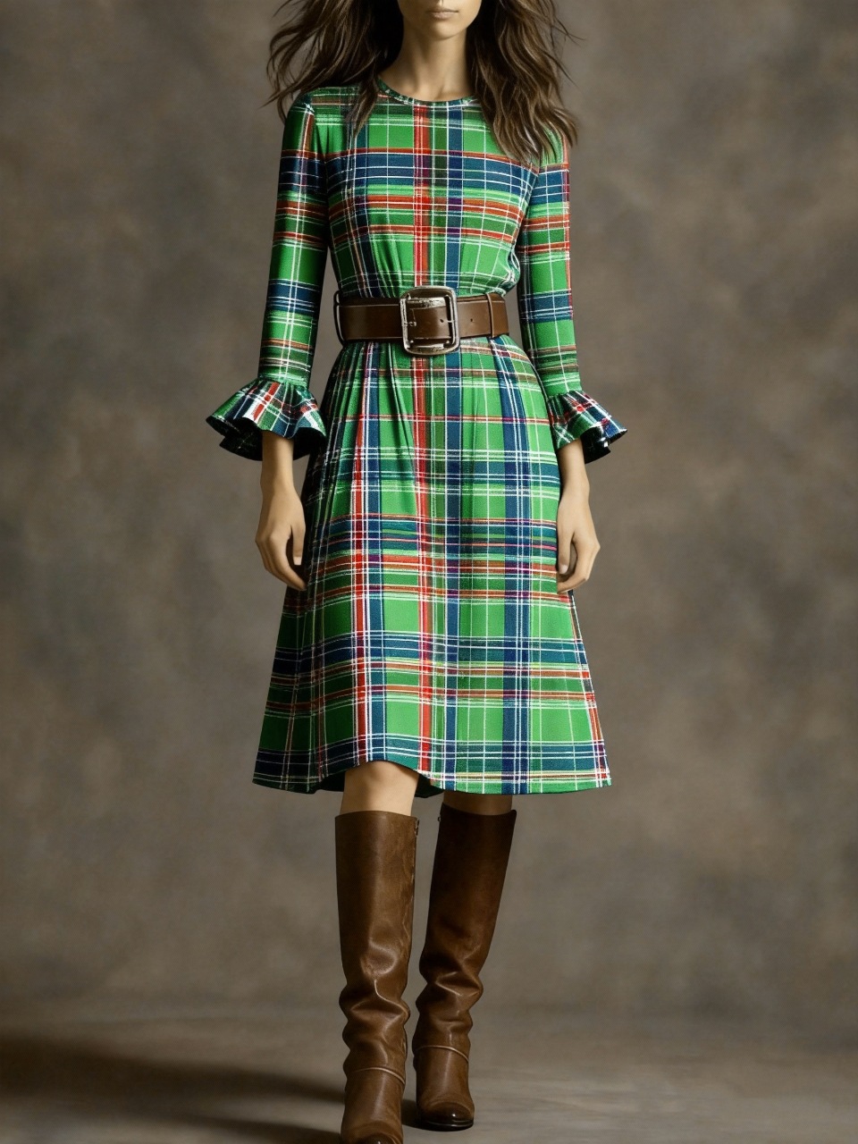 French Vintage Plaid Flare-Sleeve Midi Dress
