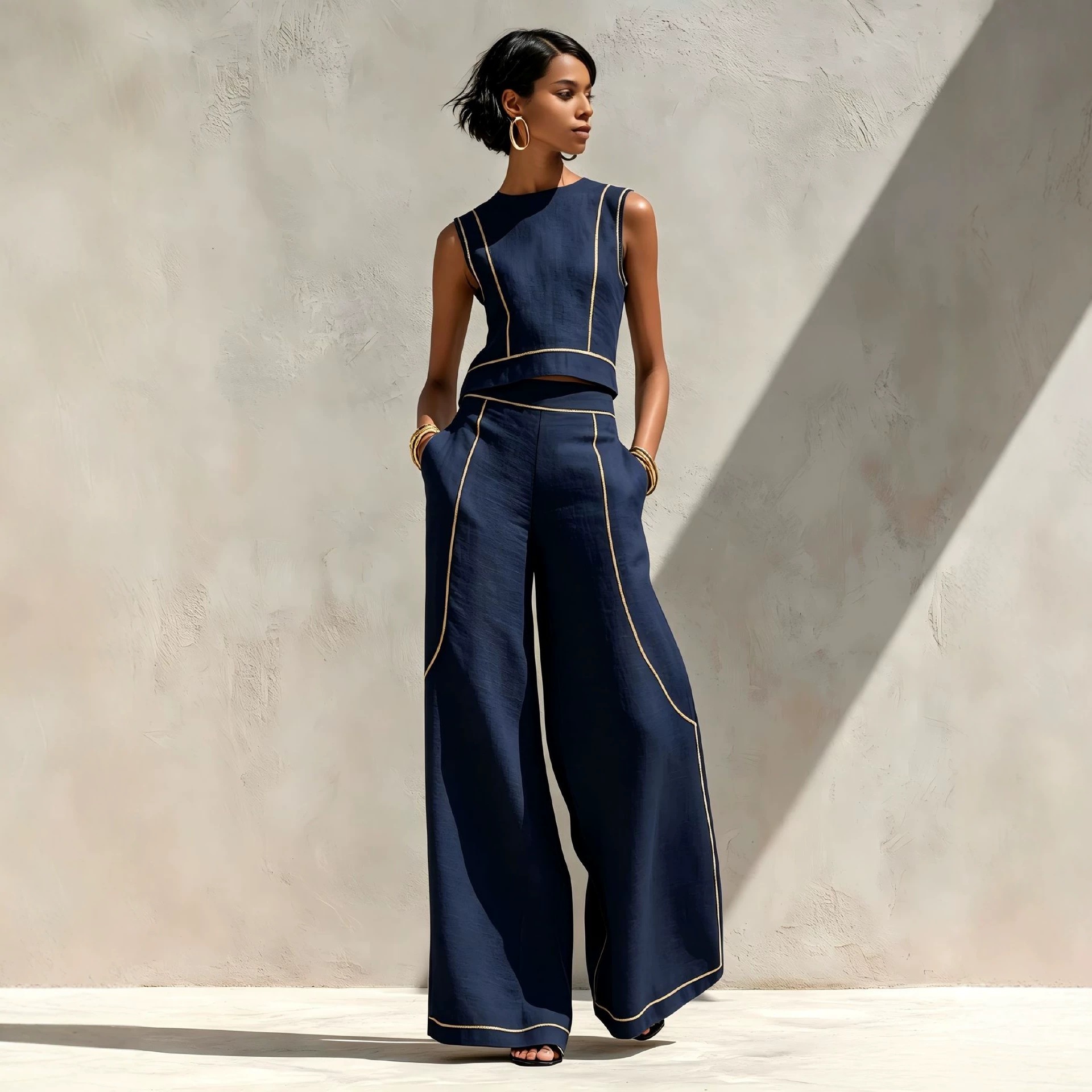Women's Sleeveless Colorblock Wide-Leg Pants Set Casual Two-Piece