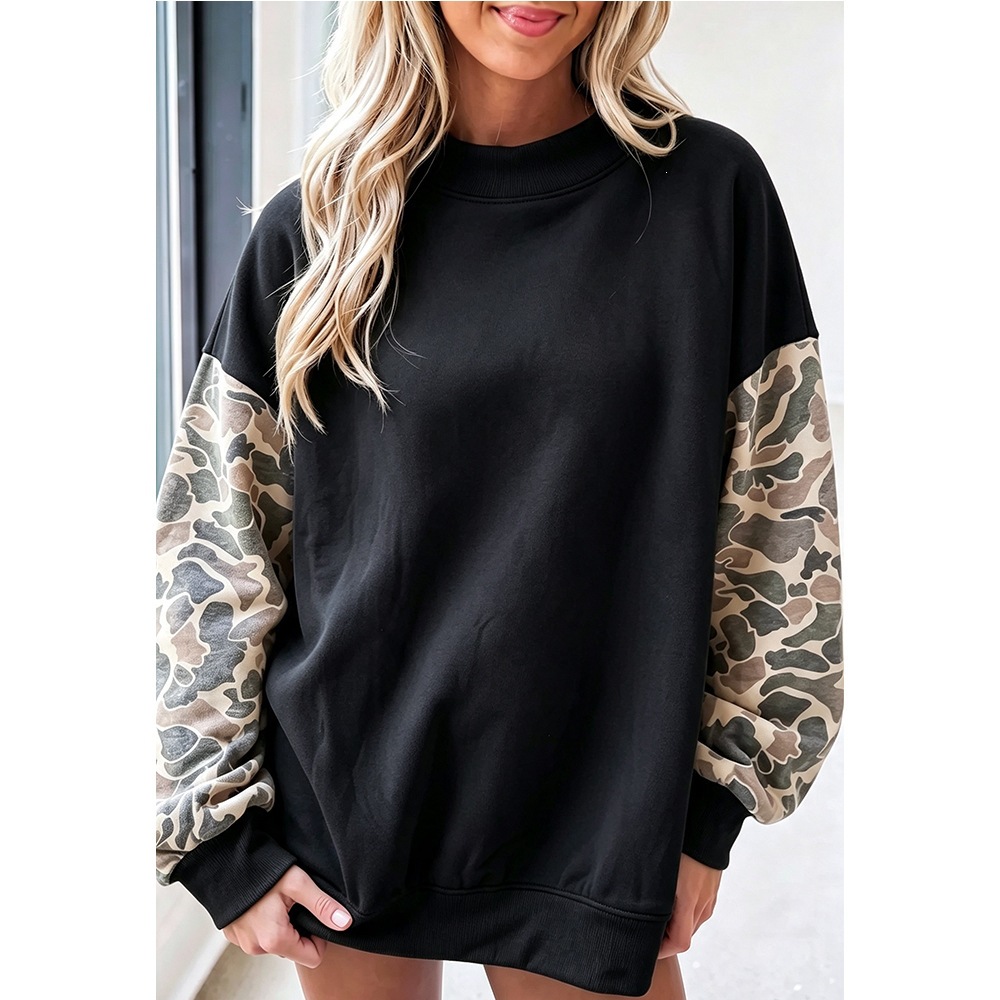 Women's Loose Half-Turtleneck Camo Fleece Pullover Sweatshirt