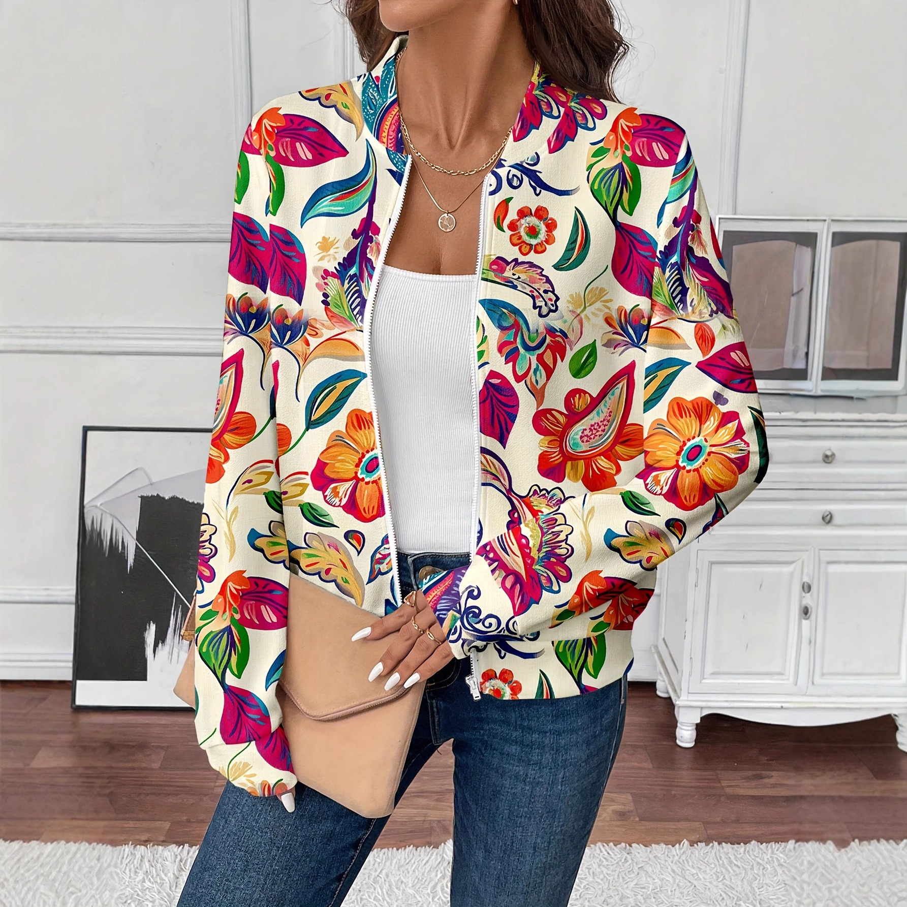 Floral Print Zip-Up Long Sleeve Casual Jacket