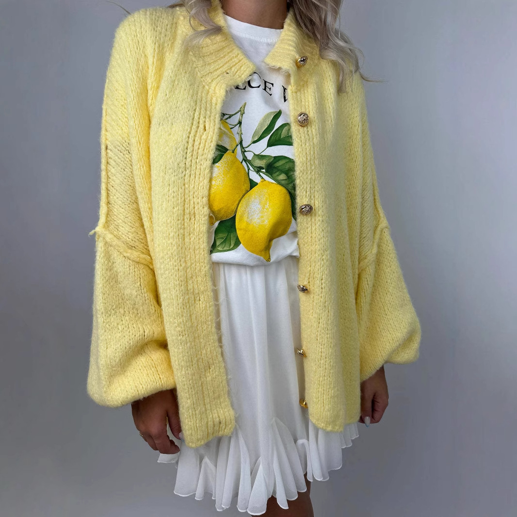 Women's Solid Color Loose Knit Cardigan Long Sleeve Round Neck