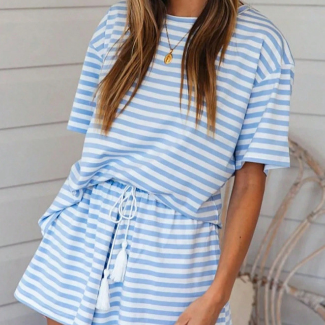 Women's Color-Block Striped Short Sleeve Shorts Lounge Set