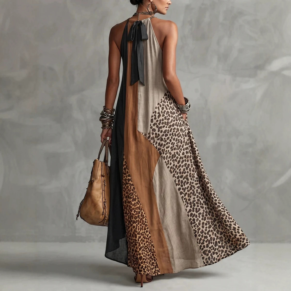 Bohemian Leopard Color-Block Halter Sleeveless Slit Flowy Maxi Dress