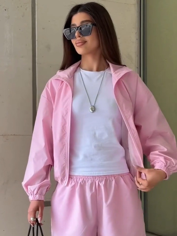 Women's Lightweight Stand Collar Zip Cardigan & Wide-Leg Shorts Set