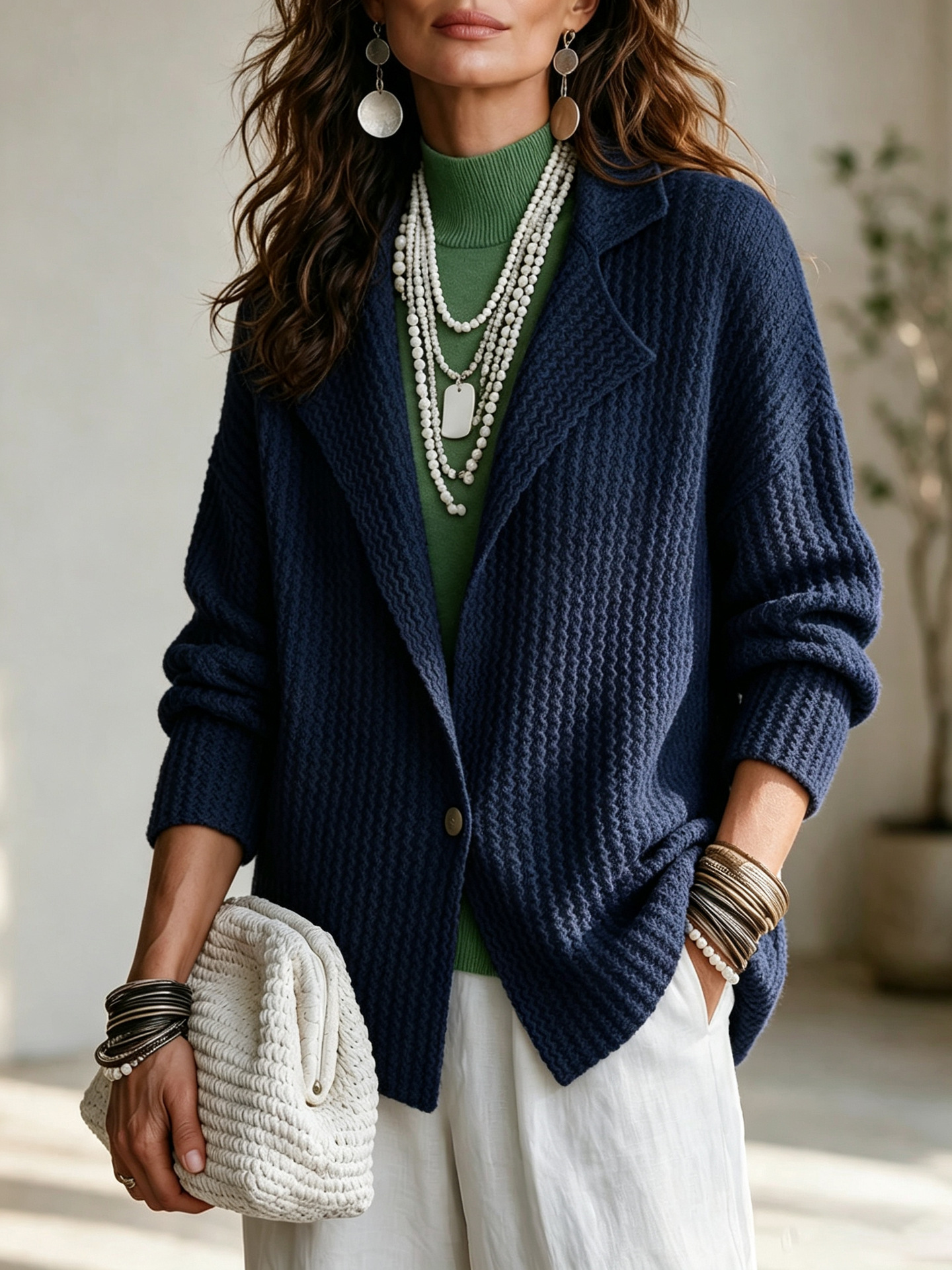 Women's Textured Knit Cardigan with Blazer Collar Single Button Loose Fit