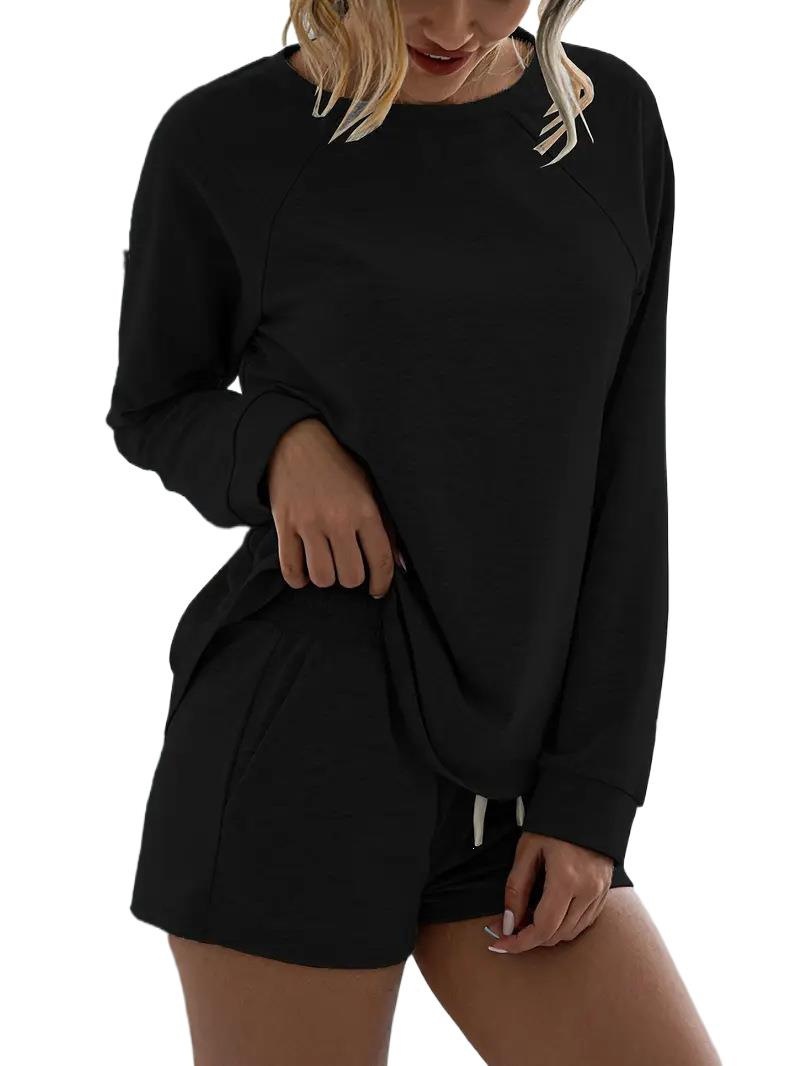 Women's Solid Color Two-Piece Lounge Set Long Sleeve Crewneck Top and Shorts