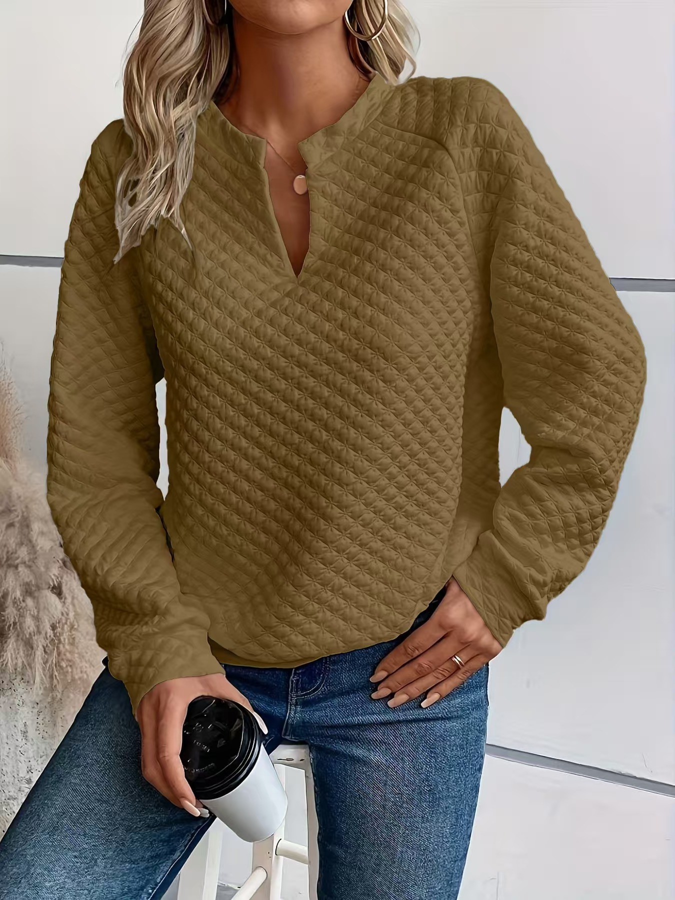 Women's Solid Color Deep V-Neck Long Sleeve Casual Sweatshirt