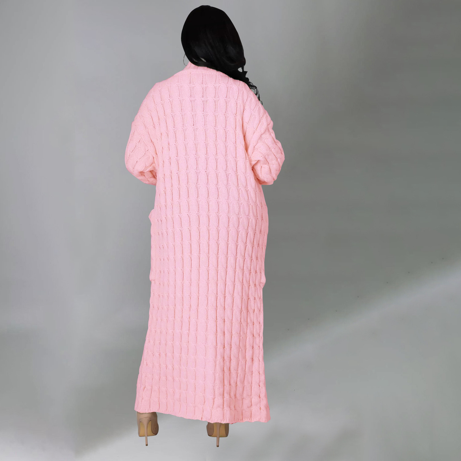 Cable-Knit Open-Front Long Cardigan with Pockets