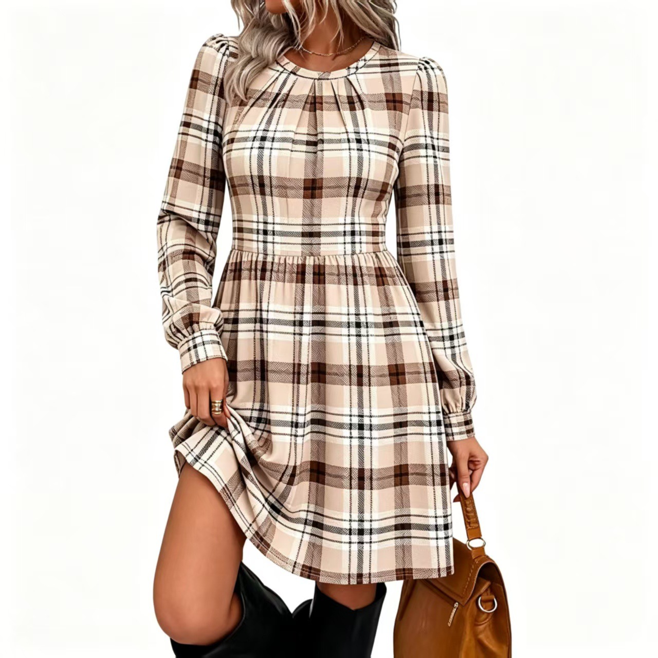 Korean Retro Plaid Long Sleeve Dress High Waist Flared Babydoll