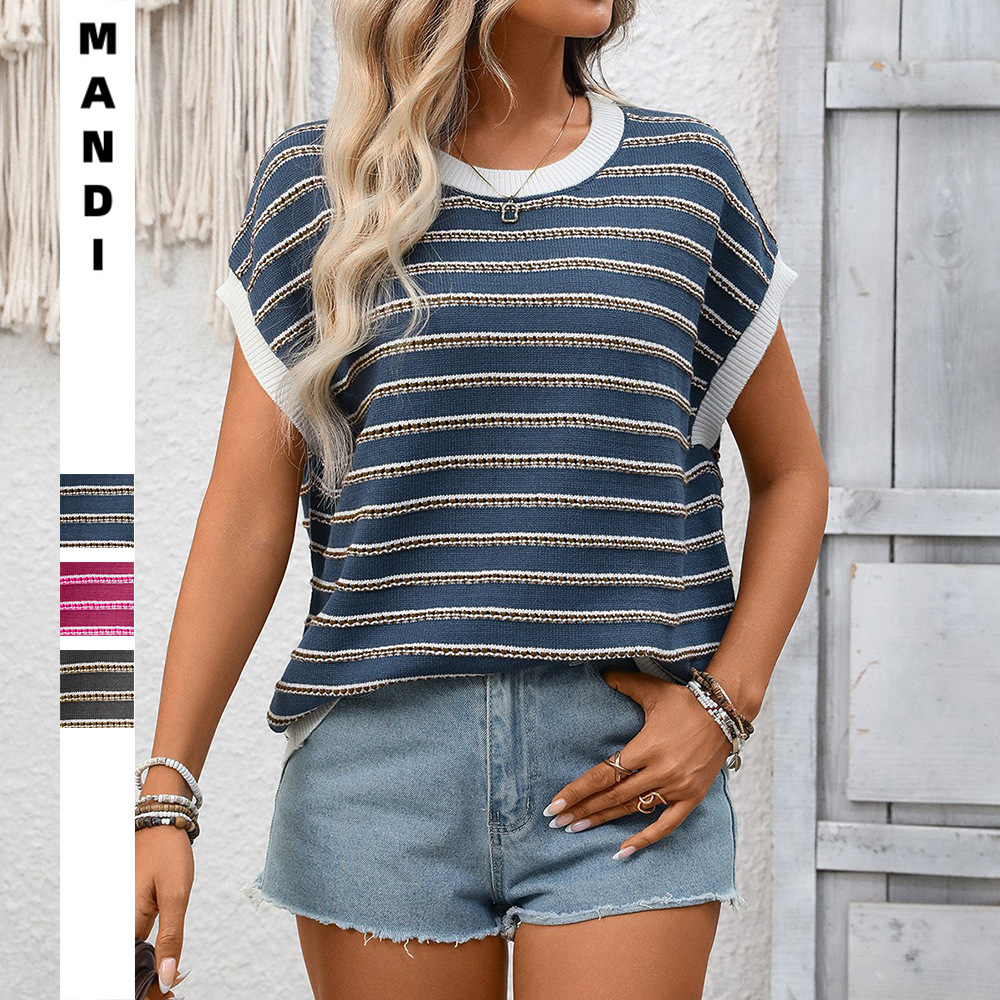 Women's Striped Colorblock Crewneck Knit Sweater Casual Loose Fit